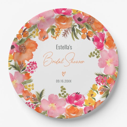 Modern Oranje roze bloemenscript vrijgezellenfeest Papieren Bordje (Voorkant)