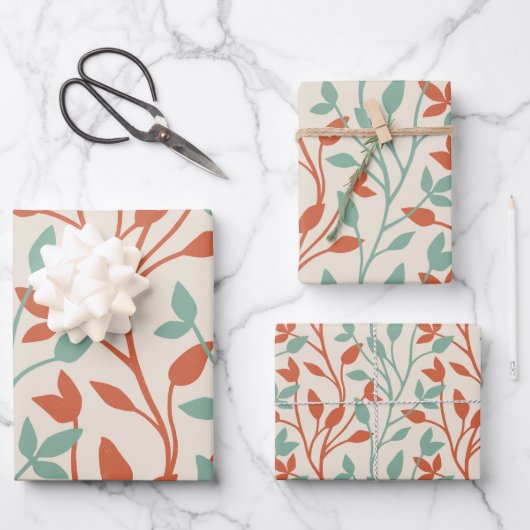 Modern Oranje & Salie Botanische Wijnstok Patroon Inpakpapier Vel (Voorkant)
