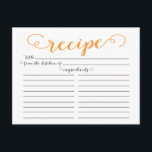 Modern Oranje Script Vrijgezellenfeest Recept Kaar Briefkaart<br><div class="desc">Hedendaagse Vrijgezellenfeest Keuken Recept Kaarten met een stijlvolle mandarijn sinaasappel typografie script lettertype op een heldere witte achtergrond. De voorkant van onze receptenkaart biedt ruimte voor een receptentitel, uit de keuken van ingrediënten en ruimte. Flip onze receptenkaart over naar uitzicht richtingen, voorbereidingstijd en totale tijd. Bezoek onze winkel voor bijpassende...</div>