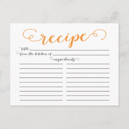 Modern Oranje Script Vrijgezellenfeest Recept Kaar Briefkaart (Voorkant)
