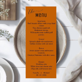 Modern oranje verbrand minimalistisch trouwmenu, menu