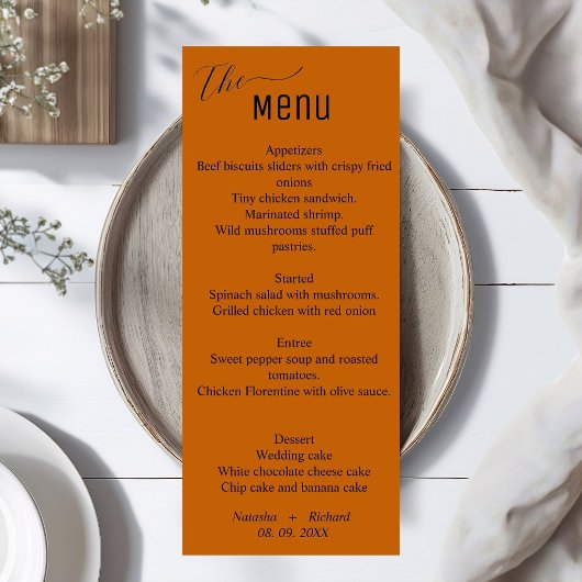 Modern oranje verbrand minimalistisch trouwmenu, menu