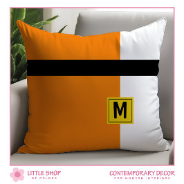 Modern Oranje Zwart Kleurblok Monogram Kussen