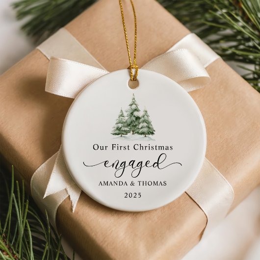 Modern Our First Christmas Engaged Photo Keramisch Ornament