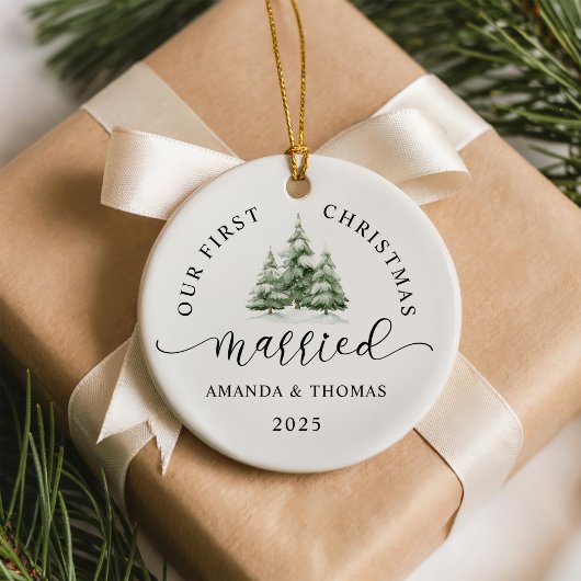 Modern Our First Christmas Married Photo Keramisch Ornament
