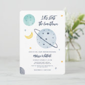 Modern Outer Space Script Boy Baby shower Kaart (Staand voorkant)