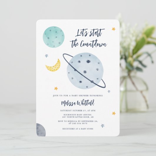 Modern Outer Space Script Boy Baby shower Kaart (Staand voorkant)