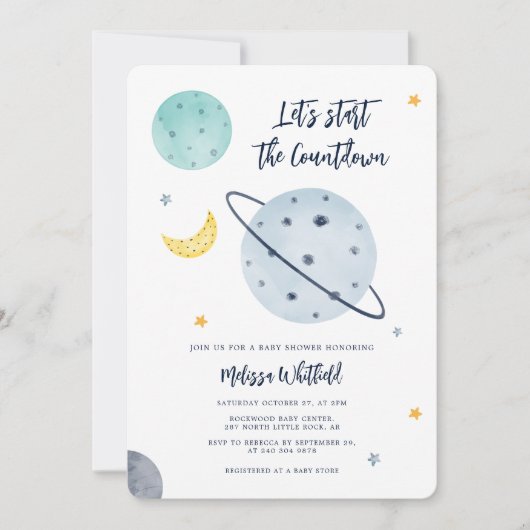 Modern Outer Space Script Boy Baby shower Kaart (Voorkant)