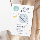 Modern Outer Space Script Boy Baby shower Kaart