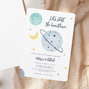Modern Outer Space Script Boy Baby shower Kaart