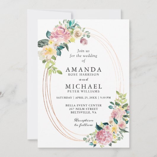 Modern Ovaal Lijst Pastel Blush Bloemen Bruiloft Kaart (Voorkant)