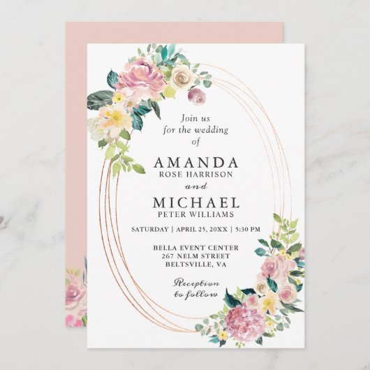 Modern Ovaal Lijst Pastel Blush Bloemen Bruiloft Kaart (Voorkant / Achterkant)