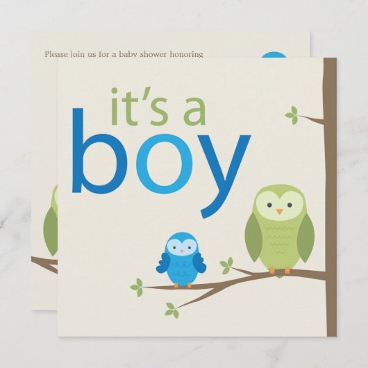 Modern Owl Baby shower Invitation - Boy Kaart (Voorkant / Achterkant)