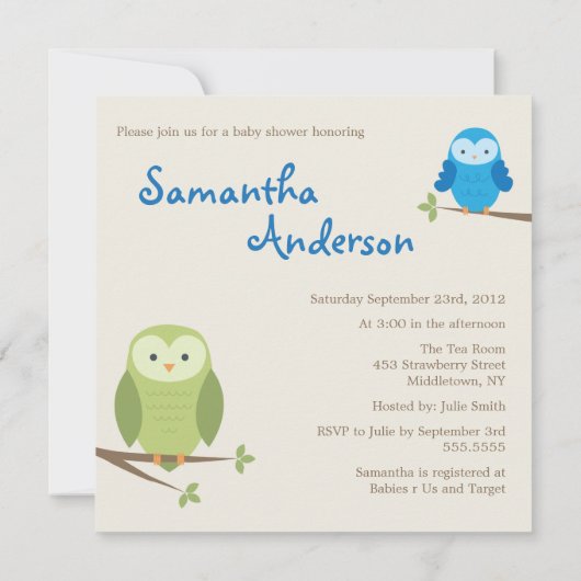 Modern Owl Baby shower Invitation - Boy Kaart (Achterkant)