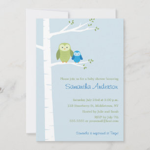 Modern Owl Birch Baby shower Invitation - Boy Kaart