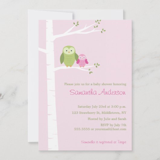 Modern Owl Birch Baby shower Invitation - Girl Kaart (Voorkant)
