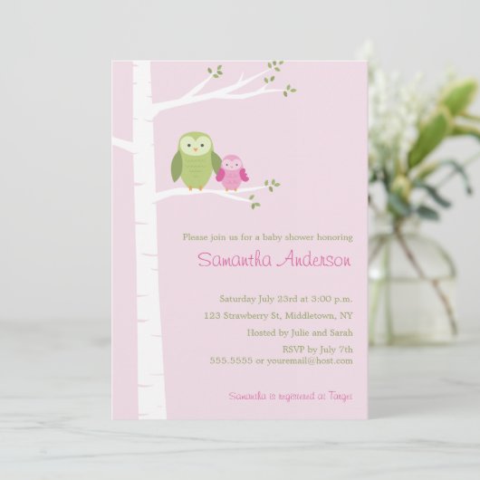 Modern Owl Birch Baby shower Invitation - Girl Kaart (Staand voorkant)