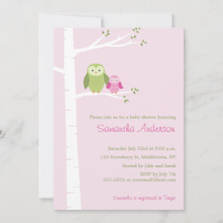 Modern Owl Birch Baby shower Invitation - Girl Kaart