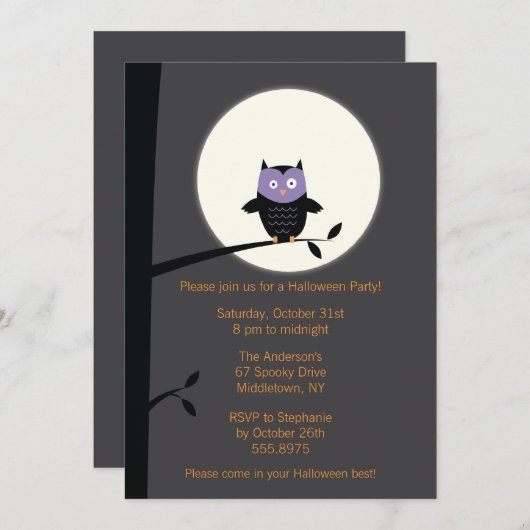 Modern Owl Halloween Party Invitation Kaart (Voorkant / Achterkant)