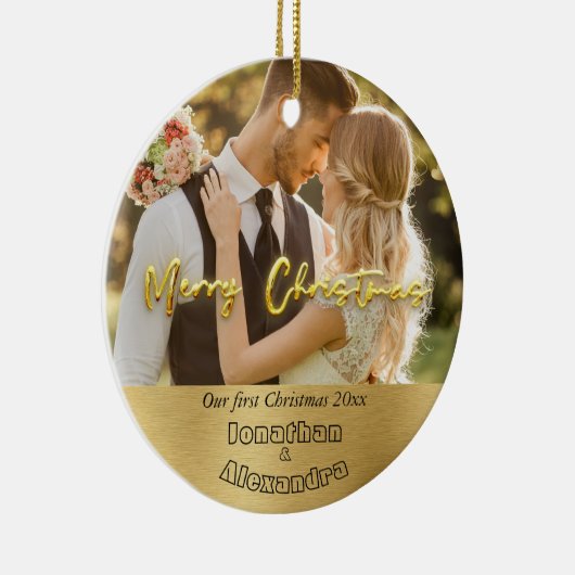 Modern paar foto Elegant goud eerste Kerstmis Keramisch Ornament (Rechts)