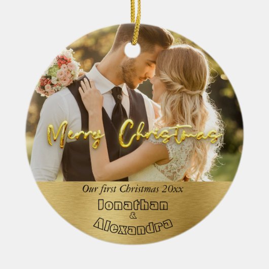 Modern paar foto Elegant goud eerste Kerstmis Keramisch Ornament (Voorkant)