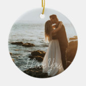 Modern Paar Foto Jubileum Script Holiday Keramisch Ornament (Voorkant)