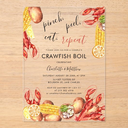 Modern Paar Verloving Crawfish Boil Acryl Uitnodigingen (Voorkant)