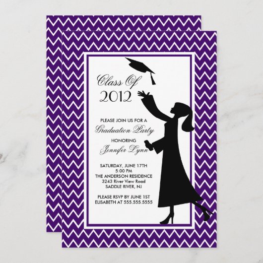 Modern Paars Afstuderen Invitation Silhouette Kaart (Voorkant / Achterkant)