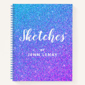 Modern Paars Blue Glitter Name Script Sketchbook Notitieboek (Voorkant)