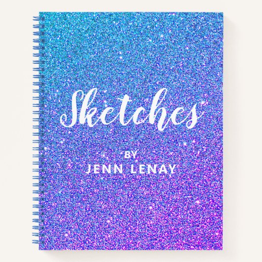 Modern Paars Blue Glitter Name Script Sketchbook Notitieboek (Voorkant)