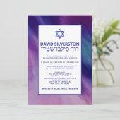 Modern Paars Blue Star Bar Mitzvah Hebrew Kaart (Staand voorkant)