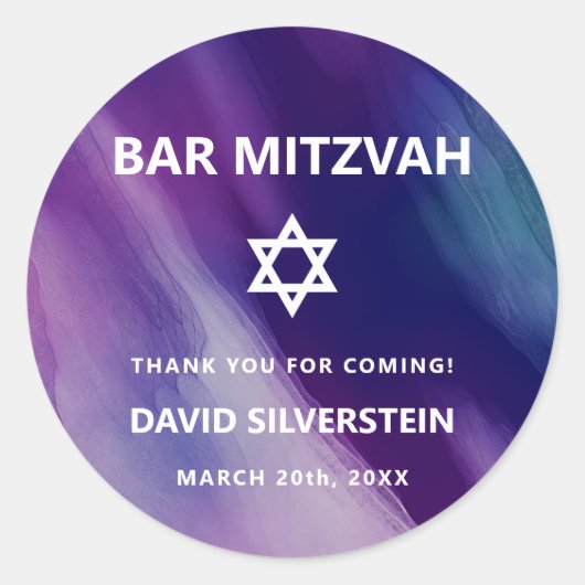 Modern Paars Blue Star Bar Mitzvah Hebrew Ronde Sticker (Voorkant)