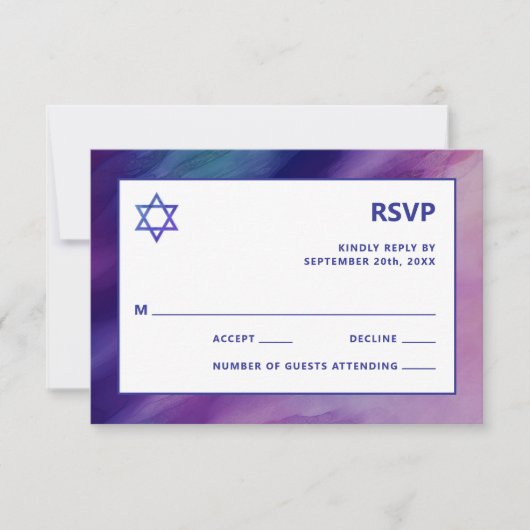 Modern Paars Blue Star Bar Mitzvah Hebrew RSVP Kaartje (Voorkant)