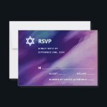 Modern Paars Blue Star Bar Mitzvah Hebrew RSVP Kaartje<br><div class="desc">Prachtige religieuze Joodse Bar Mitzvah RSVP kaarten. Het moderne maar elegante ontwerp van de waterverf in marineblauw, paarse kleuren. White Star of David in het midden van de moderne scriptletters. "Hij is geroepen tot de Torah als een Bar Mitswa." Prefect voor 13 jarige zoon, jongen. Eenvoudig te bewerken - voeg...</div>