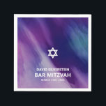Modern Paars Blue Star Bar Mitzvah Hebrew Servet<br><div class="desc">Prachtige religieuze Joodse Bar Mitswa papieren servetten. Modern maar elegant waterverf ontwerp in marineblauw, paarse kleuren. White Star of David in het midden van de moderne scriptletters. "Hij is geroepen tot de Torah als een Bar Mitswa." Prefect voor 13 jarige zoon, jongen. Eenvoudig te bewerken - voeg gewoon uw informatie...</div>
