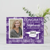 Modern Paars Bokeh Bubbles Foto Afstuderen Kaart (Staand voorkant)