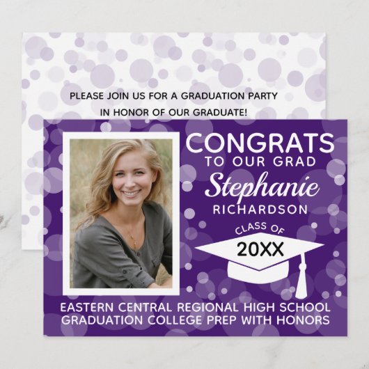 Modern Paars Bokeh Bubbles Foto Afstuderen Kaart (Voorkant / Achterkant)