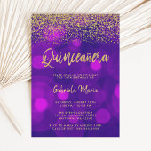 Modern Paars Bokeh Gold Glitter Quinceanera Kaart