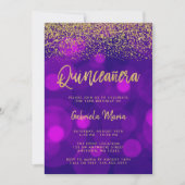 Modern Paars Bokeh Gold Glitter Quinceanera Kaart (Voorkant)