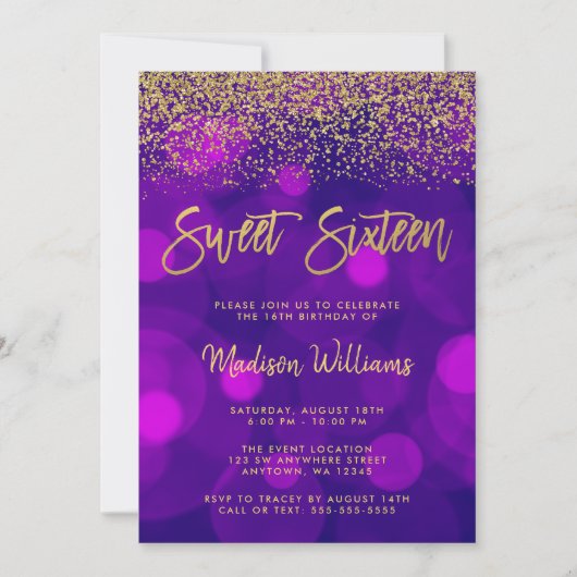 Modern Paars Bokeh Gold Glitter Sweet 16 Kaart (Voorkant)