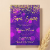 Modern Paars Bokeh Gold Glitter Sweet 16 Kaart