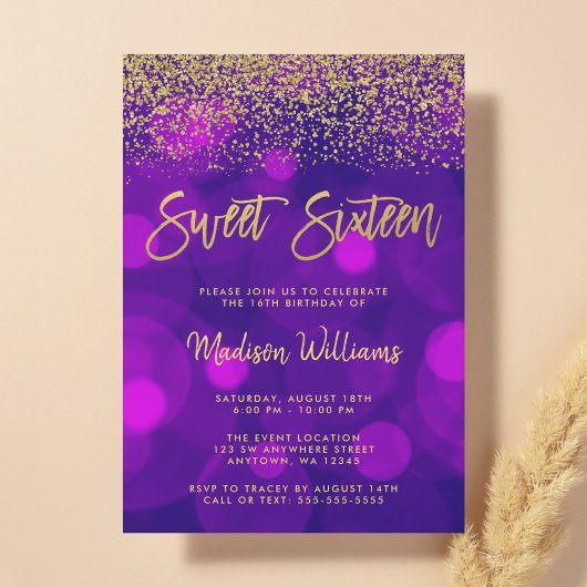 Modern Paars Bokeh Gold Glitter Sweet 16 Kaart