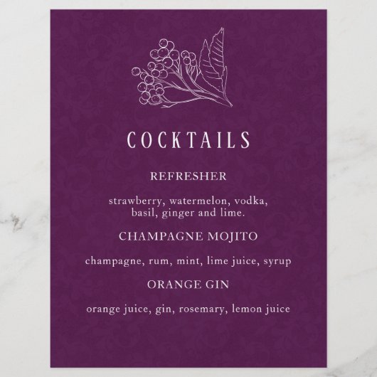 Modern Paars Botanical Wedding Cocktail Menu (Voorkant)