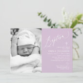 Modern Paars Cross Girl Photo Baptisme Invitation Kaart (Staand voorkant)