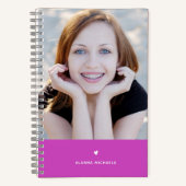 Modern Paars Cute Heart en Foto met naam Notitieboek (Voorkant)