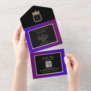 Modern Paars en Goud Monogram Trouwen All In One Uitnodiging