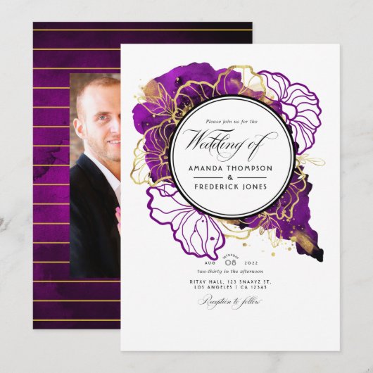 Modern Paars en goudgroen Abstract Floral Wedding  Kaart (Voorkant / Achterkant)