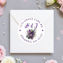 Modern Paars Floral Boho Wedding Return Address Ronde Sticker
