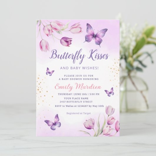 Modern Paars Floral Butterfly Girl Baby shower Kaart (Staand voorkant)