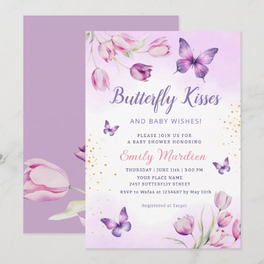 Modern Paars Floral Butterfly Girl Baby shower Kaart (Voorkant / Achterkant)